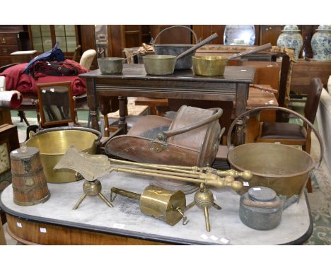 Metalware - a copper coal scuttle; clockwork roasting spit jack; brass jam pans; coopered jug with ceramic lining; etc
