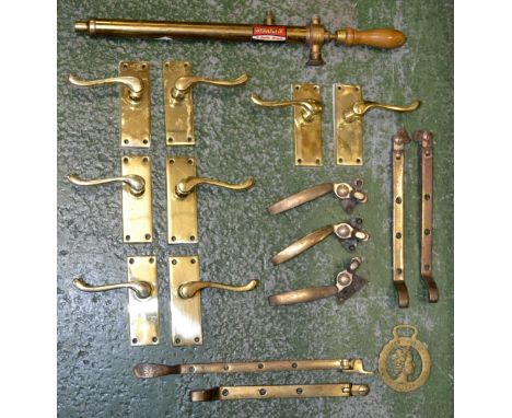 Brassware - a Spraygen garden spray by R Harris of Birmingham; assorted contemporary door and window furniture.