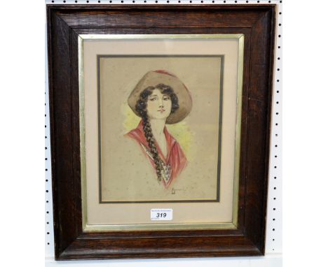 E** Mander (20th century)Portrait of a Lady, her hair in a plaitsigned, watercolour, 24.5cm x 19cm