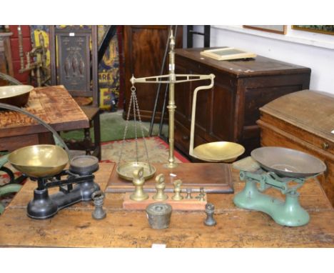 Kitchenalia - Scales and Weights, a pair of Bartlett & Son balance beam scales;  assorted bell weights, nested weights etc