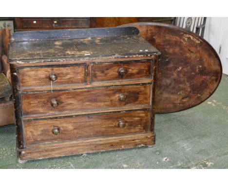 A Victorian pine chest, galleried back, two short drawers over two long, button handles, plinth base; an oval mahogany table 