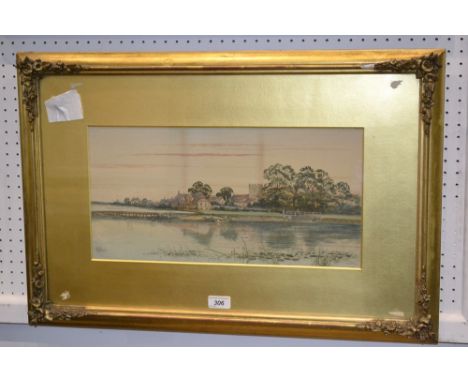 R. Allan,Village Across Tidal Waters,signed, watercolour, 45cm x 23cm, framed