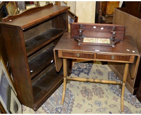 A reproduction tile back wall shelf; a reproduction sofa table; a stained pine bookcase. (3)