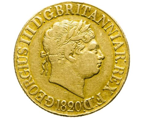 UNITED KINGDOM. George III, 1760-1820. Gold sovereign, 1820. London. Closed 2. Rare.Laureate head right; compact date in exer