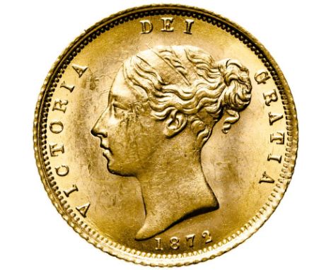 UNITED KINGDOM. Victoria, 1837-1901. Gold half-sovereign, 1872. London. Third young head of Victoria facing left, hair tied i