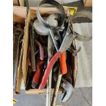 Box of Miscellaneous Flyers, Cut-Off Tools, Oil Filter, Wrenches