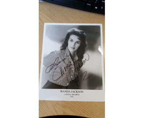 POP MUSIC, signed promotional photo by Wanda Jackson, half-length in striped blouse, 8 x 10, EX