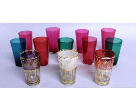 SIX RUBY TUMBLERS, THREE GREEN TUMBLERS AND THREE GILT DECORATED TUMBLERS (12). 