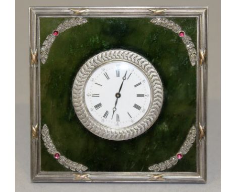 A RUSSIAN GREEN JADE AND SILVER SQUARE EASEL CLOCK with reeded frame inlaid with small diamonds. Stamped head and 84 in an ov