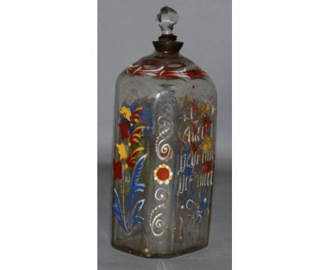 A VERY EARLY CONTINENTAL DECANTER painted with young lady and script, dated 1739. 7ins high. 