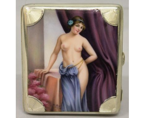 A SUPERB SILVER AND ENAMEL CIGARETTE CASE, CIRCA. 1900, stamped .925, the cover with an enamel of a semi clad young lady, the