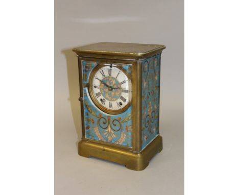 A LARGE FRENCH BRASS CARRIAGE TYPE CLOCK with blue porcelain sides and front, white dial with black and white Roman numerals 