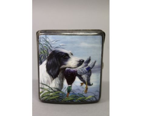 A GOOD ALPACCA ENAMEL CIGARETTE CASE, CIRCA. 1900, the enamel lid with a game dog with a duck in its mouth with Lakeland view