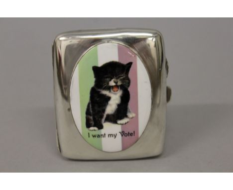 AN EDWARD VII ENGINE TURNED SILVER CIGARETTE CASE, the lid with an oval of a cat “I Want My Vote”. Chester 1901. 