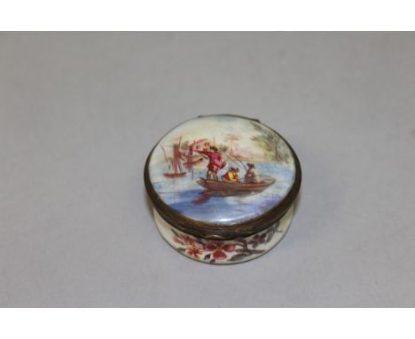 A BILSTON CIRCULAR ENAMEL SNUFF BOX painted with a man fishing. 2ins diameter. 