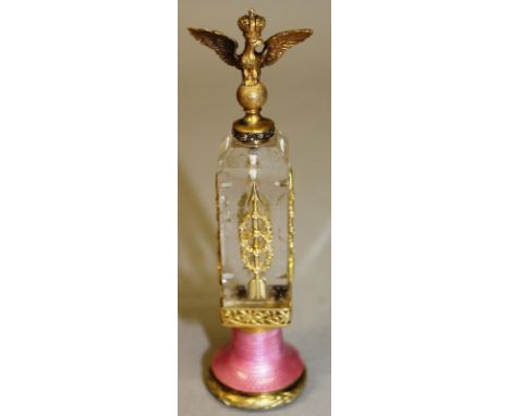 A SUPERB RUSSIAN ROCK CRYSTAL AND DIAMOND SET SEAL with pink enamel and eagle surmount. 4.5ins long. 