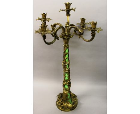 A SUPERB LARGE 19TH CENTURY FRENCH GREEN PORCELAIN AND ORMOLU FIVE LIGHT CANDELABRA with rich acanthus, scrolls and flowers. 
