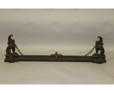 A 19TH CENTURY FRENCH BRONZED FIREGUARD with GRIFFIN finials. 3ft 5ins long. 