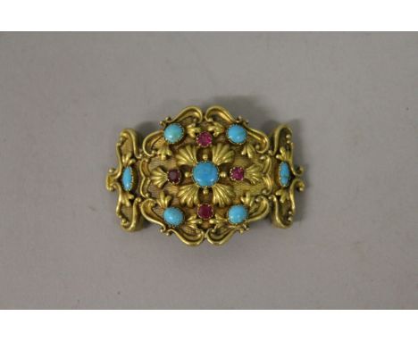A GEORGIAN GOLD, RUBY AND TURQUOISE SET CLASP, engraved and dated 1824. 