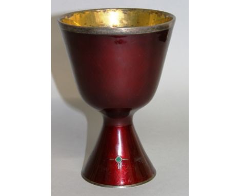 A GOOD BEAUGRAND SILVER AND RED ENAMEL CHALICE, the base set with two diamond stars. 17cms high, 12cms diameter top, 8cms dia