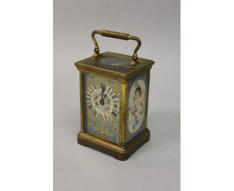 A FRENCH BRASS REPEATING CARRIAGE CLOCK with SEVRES DESIGN PORCELAIN PANELS. 5ins high. 