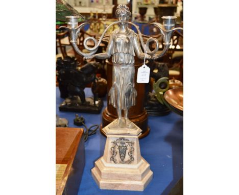 A GOOD PAIR OF MARBLE AND PLATE FIGURE TWO LIGHT CANDLESTICKS formed as a pair of classical female figures holding scrolling 
