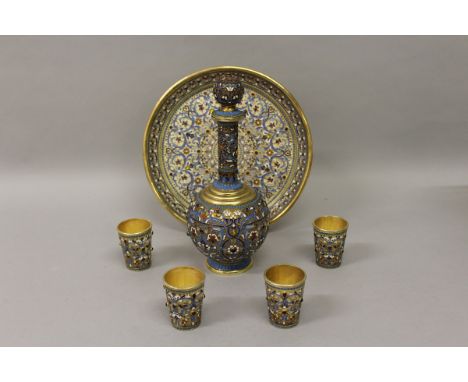 A SUPERB RUSSIAN SILVER AND ENAMEL DRINKS SET, comprising decanter and stopper, circular tray and four beakers. 