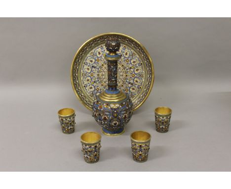 A SUPERB RUSSIAN SILVER AND ENAMEL DRINKS SET, comprising decanter and stopper, circular tray and four beakers. 