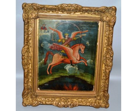 AN EARLY GILT FRAMED ICON ON PANEL, figures on a flying horse.  10ins x 8ins. 