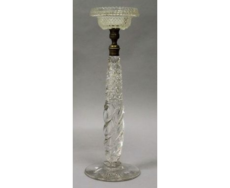 A TALL HOBNAIL CUT CANDLESTICK. 14ins high. 