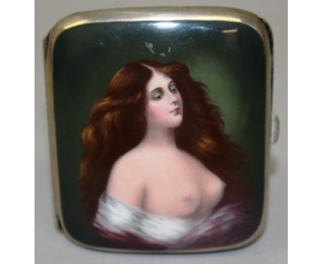 A GOOD ALPACCA ENAMEL CIGARETTE CASE, CIRCA. 1890, the enamel lid with a semi nude, head and shoulders with long flowing hair
