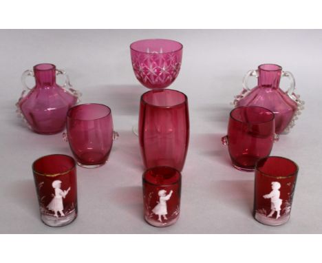 THREE SMALL MARY GREGORY TUMBLERS and six pieces of ruby glass (9). 