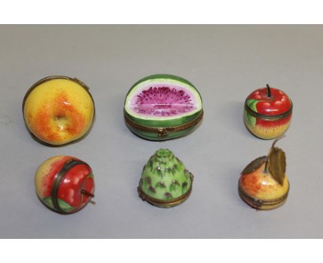SIX VARIOUS ENAMEL FRUIT PILL BOXES. 