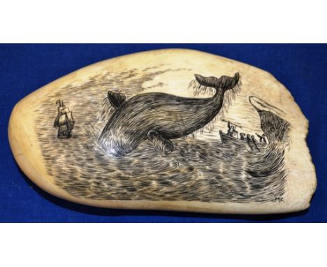 A GOOD LARGE SCRIMSHAW WHALES TOOTH etched with a whale hunting scene. Signed with initials M.C. 5.5ins long, 3ins wide overa