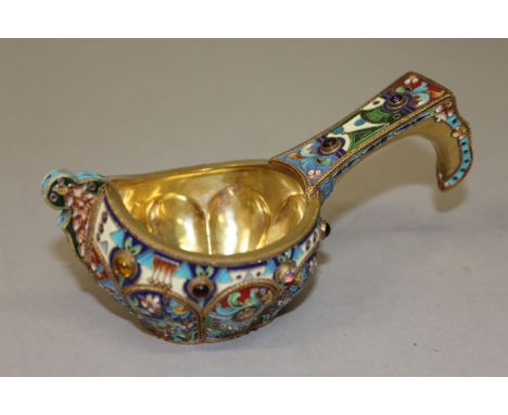 A RUSSIAN SILVER AND ENAMEL QUAICH. Stamped 84 1873. 5.5ins long. 