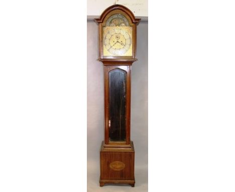 A GOOD MAHOGANY INLAID LONGCASE CLOCK , the movement by BIGELOW KENNARD & CO., BOSTON, with silvered filigree face, moon face