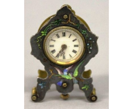 A MINIATURE FRENCH SILVER AND ENAMEL CLOCK decorated with birds, the back stamped BREVET D.R.Q.M. 24964 DEPOSE. 5cms high. 