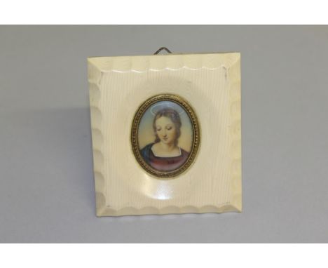 AFTER RAPHAEL A SMALL ITALIAN PORTRAIT MINIATURE, 1.5ins x 1in, in a square ivory frame. 