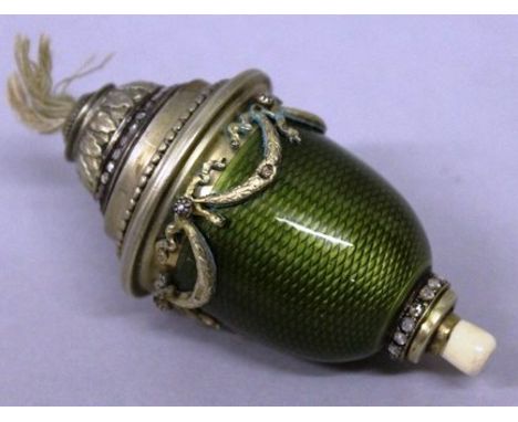 A GOOD RUSSIAN ENAMEL AND DIAMOND SET BELL PUSH, Possibly FABERGE, formed as a classical urn with ivory button. 6cms long. 