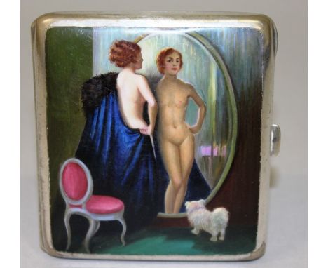 AN ALPACCA ENAMEL CIGARETTE CASE, CIRCA. 1900, the lid with an enamel, a nude in the mirror, a small dog looking on. 7.5cms x