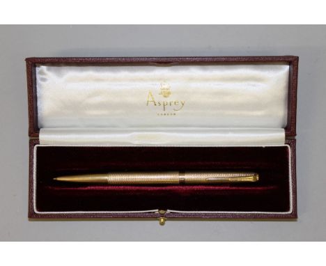 A YARD O LED 9CT GOLD BALLPOINT PEN in an Aspreys box. Engraved K. SPRINGER. 