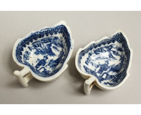 AN 18TH CENTURY CAUGHLEY LEAF SHAPED DISH in the Fisherman pattern and another similar (2).