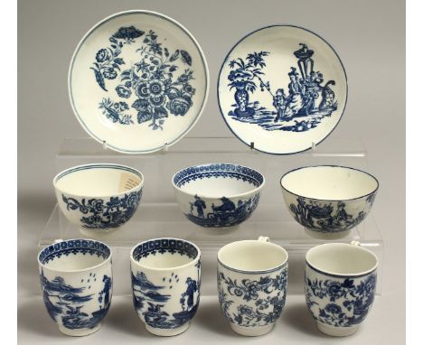 AN 18TH CENTURY CAUGHLEY BELL TOY, MOTHER AND CHILD TEA BOWL AND SAUCER,  a coffee cup and two tea bowls, Fisherman pattern, 