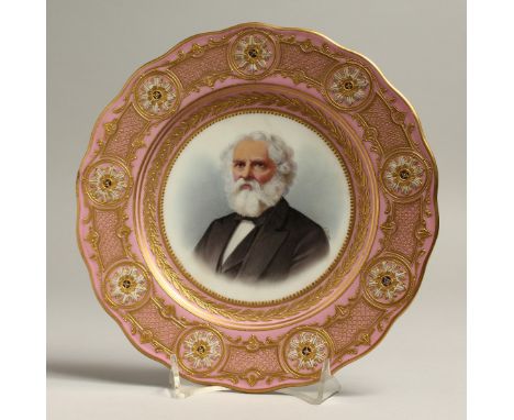 A LATE 19TH CENTRUY CAULDON PLATE painted with a portrait of LONGFELLOW by P. BRUN. Signed, under a superb raised gilt and pi