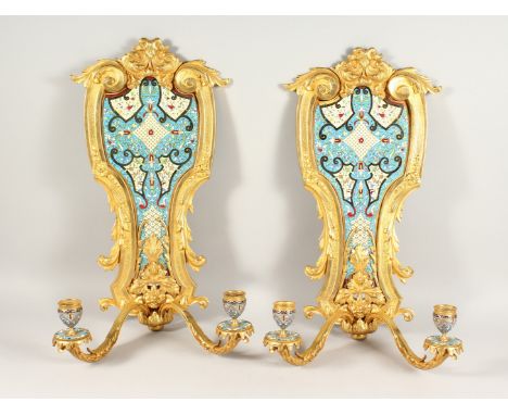 A SUPERB PAIR OF FRENCH, ORMOLU AND ENAMEL TWO LIGHT WALL SCONCES WITH ACANTHUS AND SCROLLS 22ins long, 12ins wide.