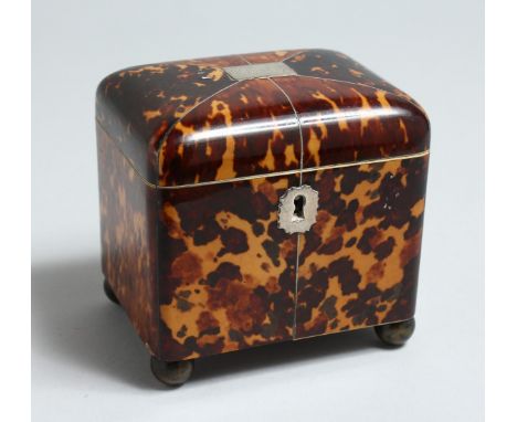 A VERY GOOD SMALL REGENCY TORTOISESHELL TWO DIVISION TEA CADDY with segmented top on four bun feet. 2.5ins long.