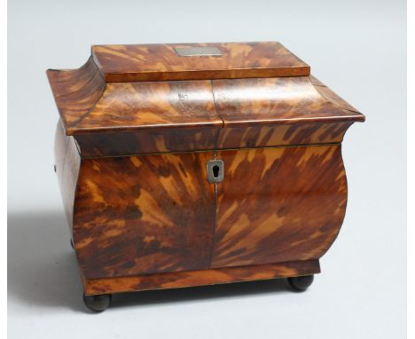 A GOOD REGENCY TORTOISESHELL STRAIGHT FRONTED TWO DIVISION TEA CADDY, ON FOUR BUN FEET. 6.5ins long.