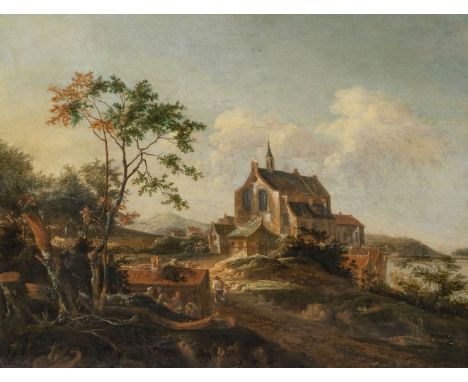 Johann Melchior Roos (Heidelberg 1663 - Kassel 1731). Landschaft mit Kirche. Öl/Holz. 59,5 x 75,5 cm. L. u. sign. J. M. Roos 