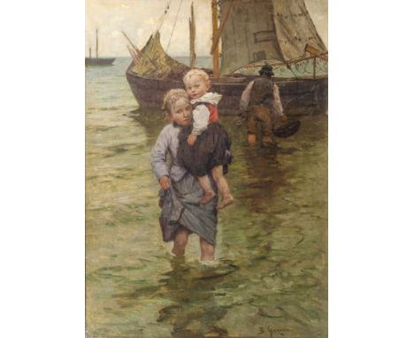 Berthold Genzmer (Boggusch/Westpreußen 1858 - Königsberg 1927). Die Kinder des Fischers. Öl/Lw. 109 x 79,5 cm. R. u. sign. B.