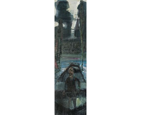 Johannes Heisig (Leipzig 1953). Gruß aus Sch. 1988. Öl/Hartfaser. 89,5 x 25,5 cm. R. u. sign. und dat. Joh. Heisig 88, verso 